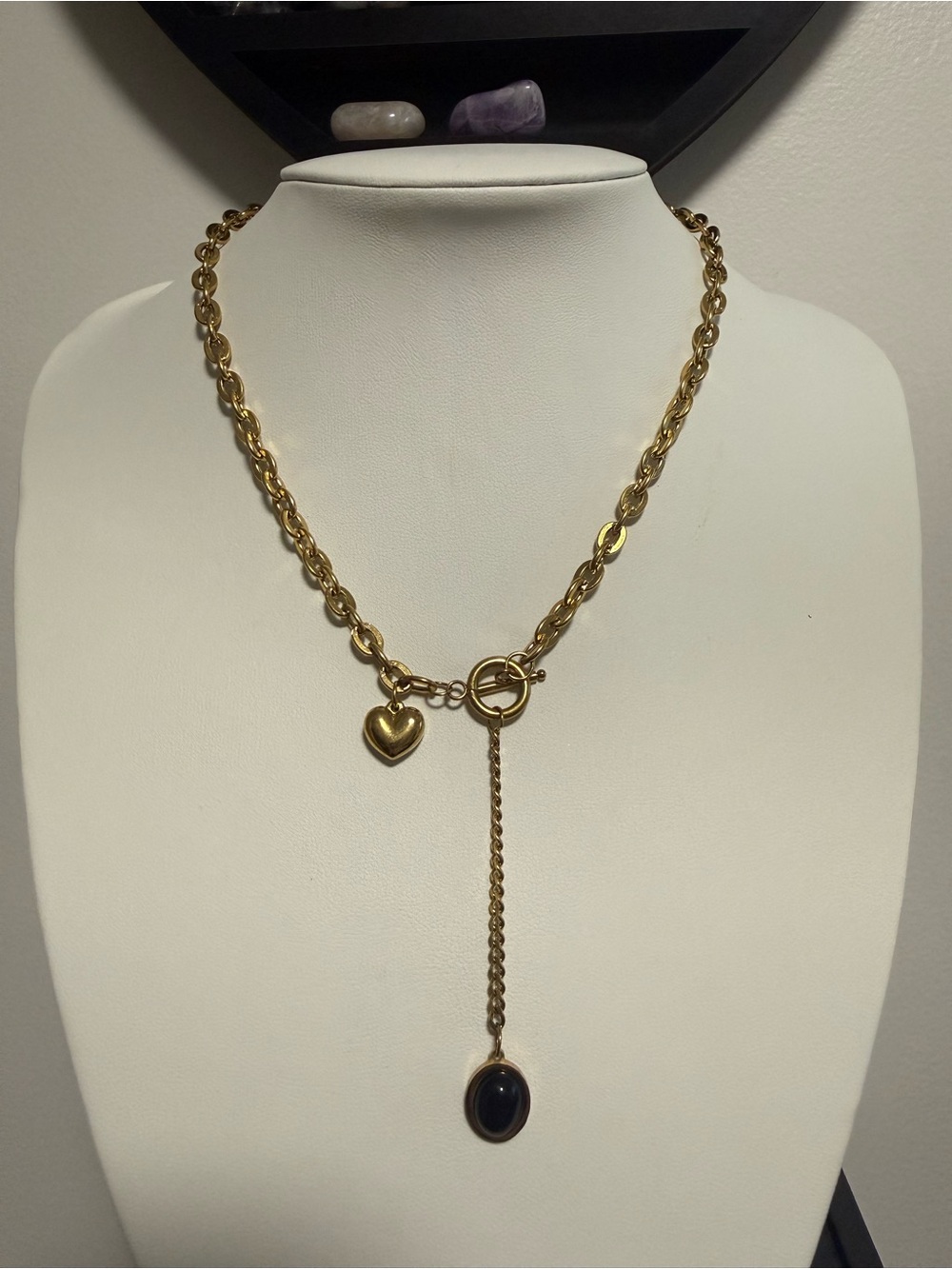 Gold-Tone Heart Lariat Necklace with Black Stone Pendant